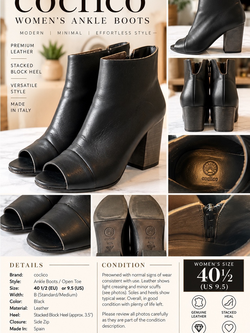 COCLICO Black Leather Open-Toe Ankle Booties